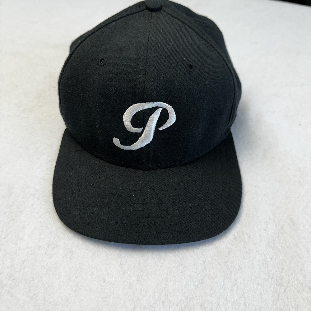 VINTAGE New Era Hat Cap Snap Back Black P Embroidered Wool Mens Medium Large 90s